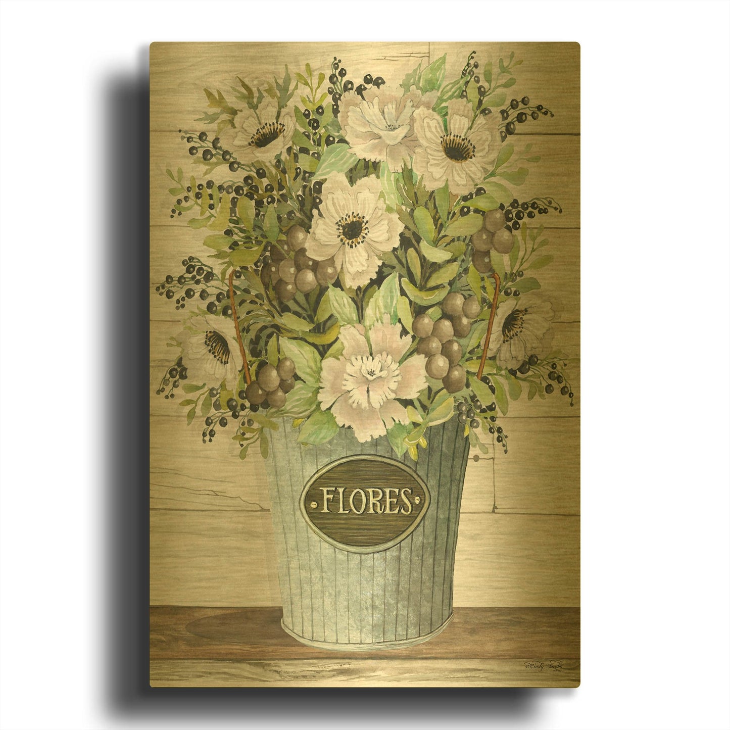 'Flores Galvanized Bucket' By Cindy Jacobs Gold Metal Wall Art