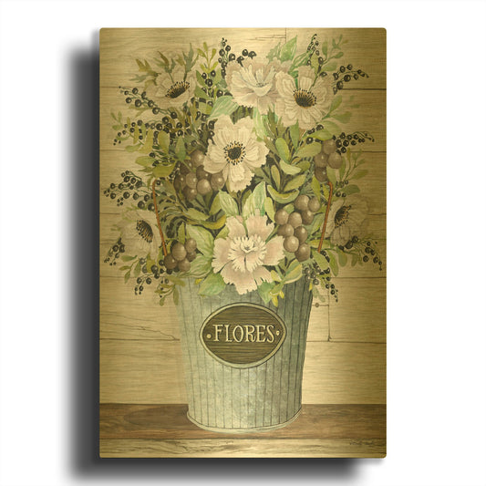 'Flores Galvanized Bucket' By Cindy Jacobs Gold Metal Wall Art