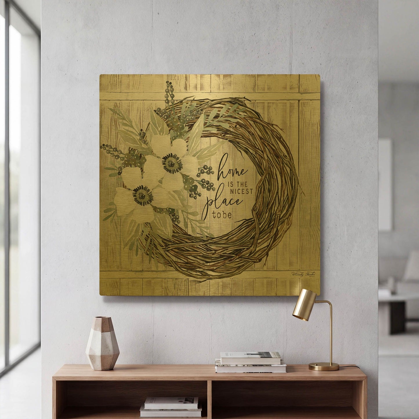 'Home is the Nicest Place to Be Wreath' By Cindy Jacobs Gold Metal Wall Art