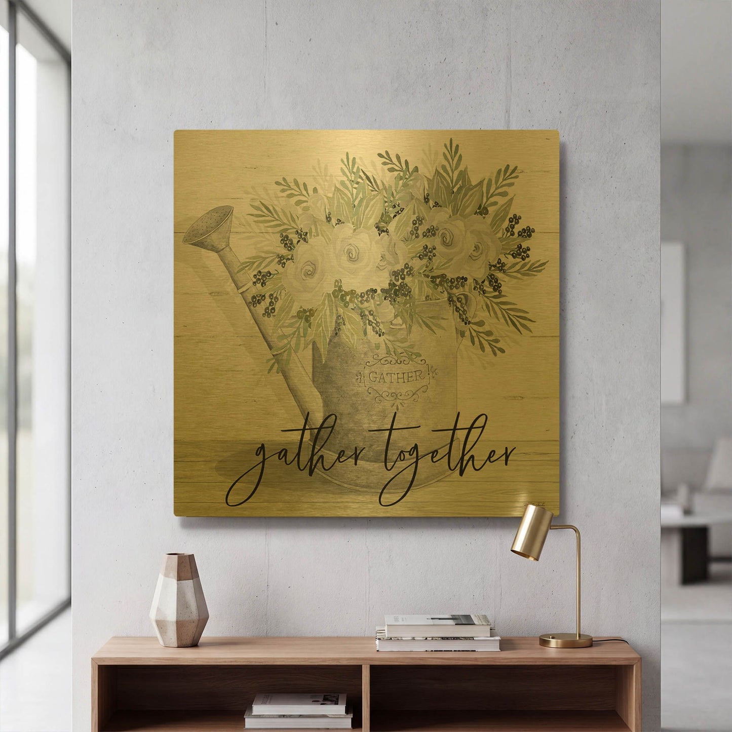 'Gather Together Watering Can' By Cindy Jacobs Gold Metal Wall Art