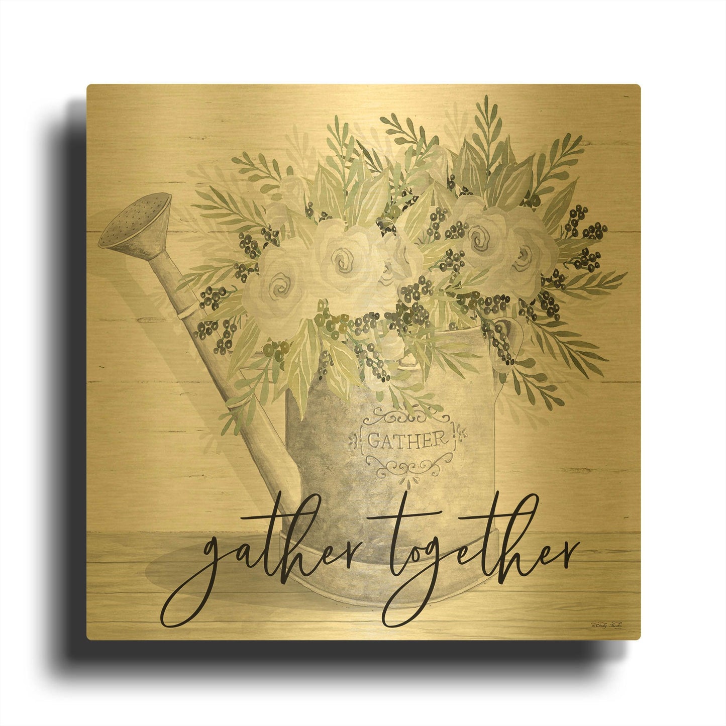 'Gather Together Watering Can' By Cindy Jacobs Gold Metal Wall Art