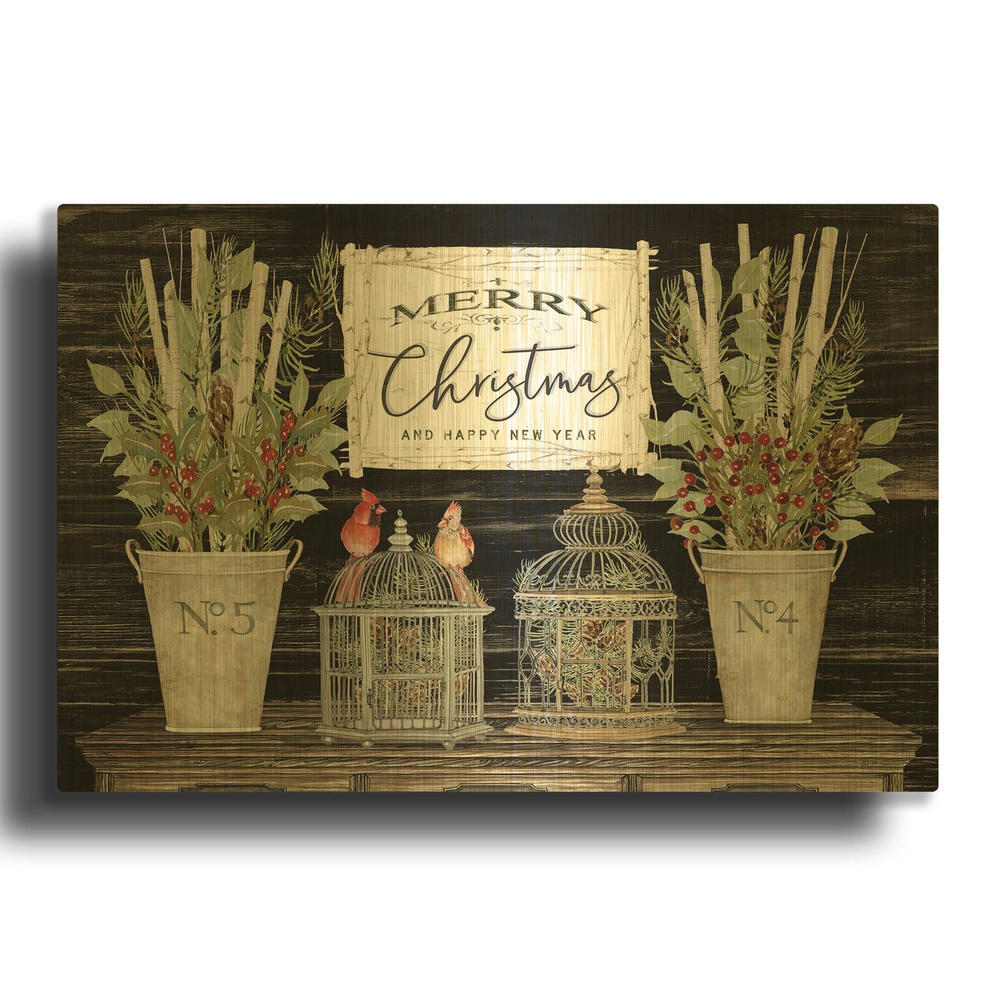'Floral Merry Christmas' By Cindy Jacobs Gold Metal Wall Art
