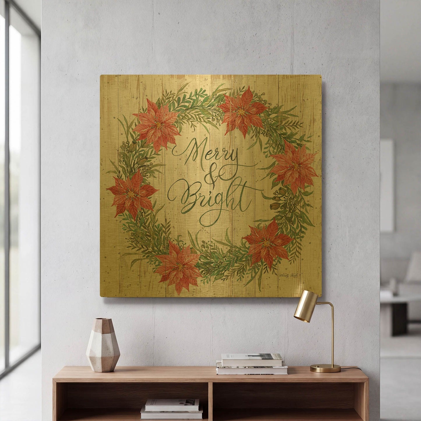 'Merry & Bright Wreath' By Cindy Jacobs Gold Metal Wall Art