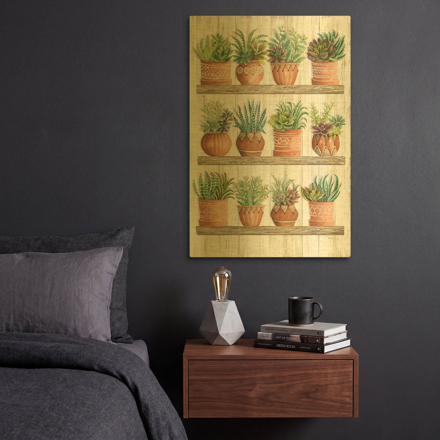 'Succulents on Shelves' By Cindy Jacobs Gold Metal Wall Art