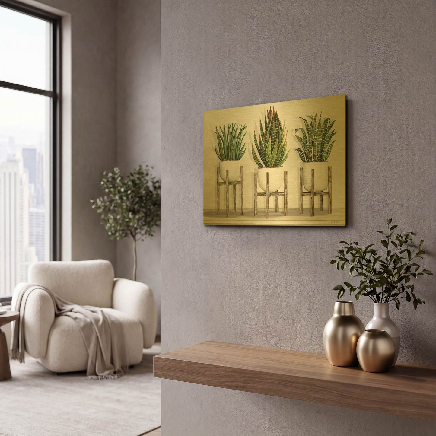 'White Pots on Stands I' By Cindy Jacobs Gold Metal Wall Art