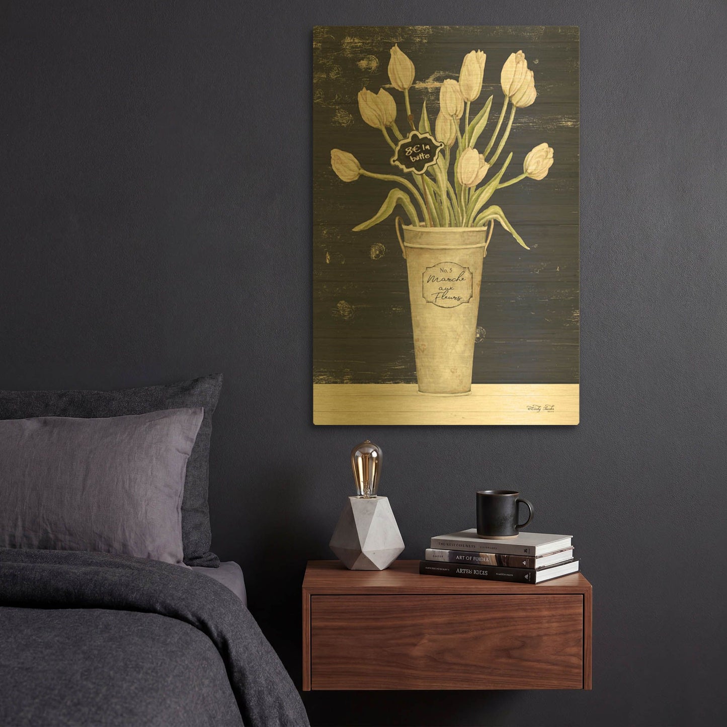 'Tulips on Navy I' By Cindy Jacobs Gold Metal Wall Art