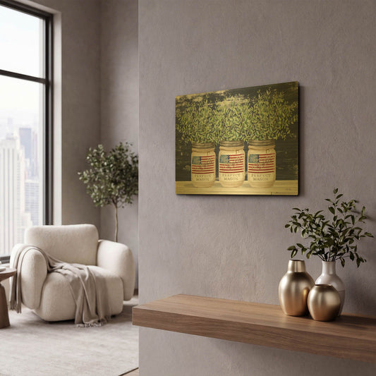 'Patriotic Glass Jar Trio II' By Cindy Jacobs Gold Metal Wall Art