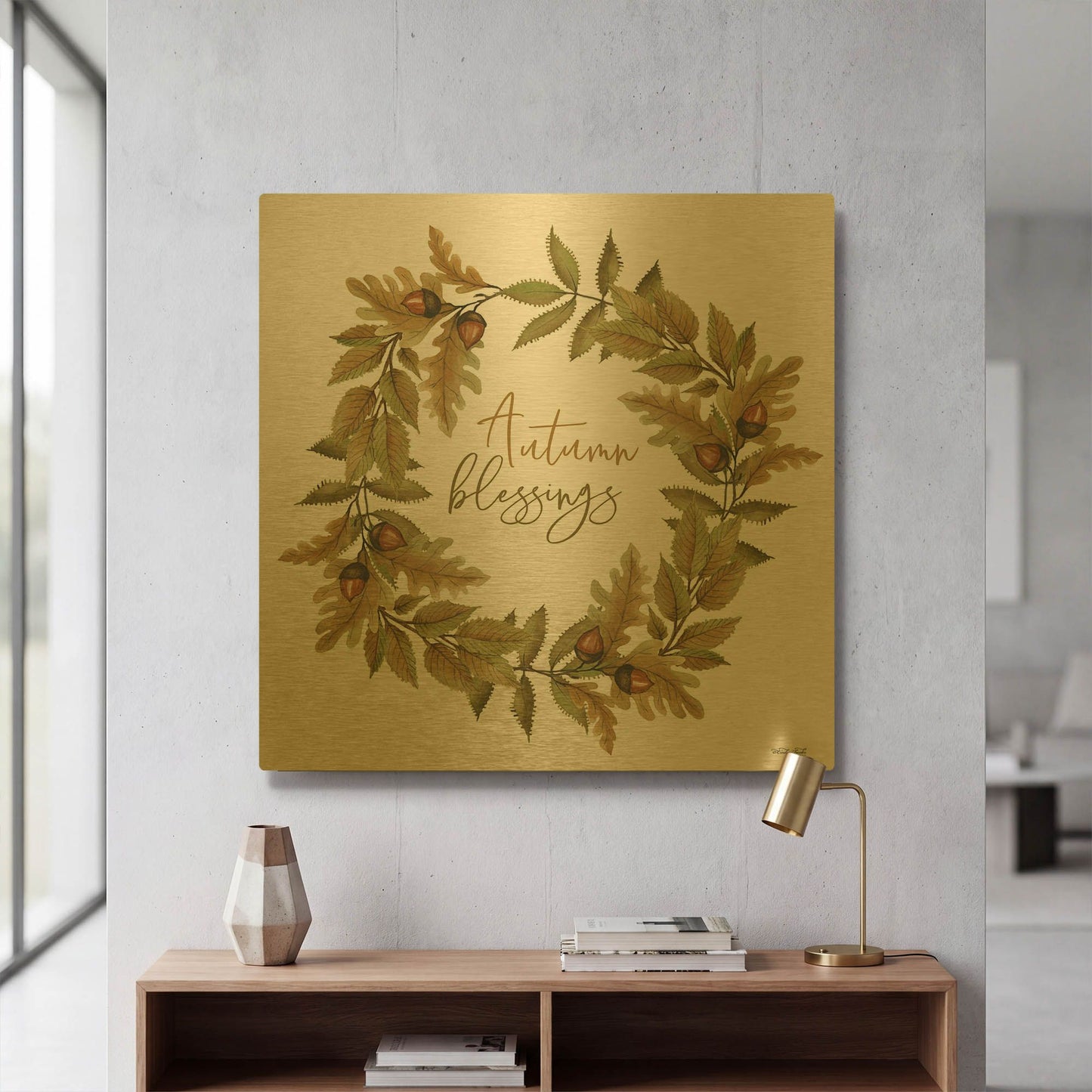 'Autumn Blessings Fall Wreath' By Cindy Jacobs Gold Metal Wall Art