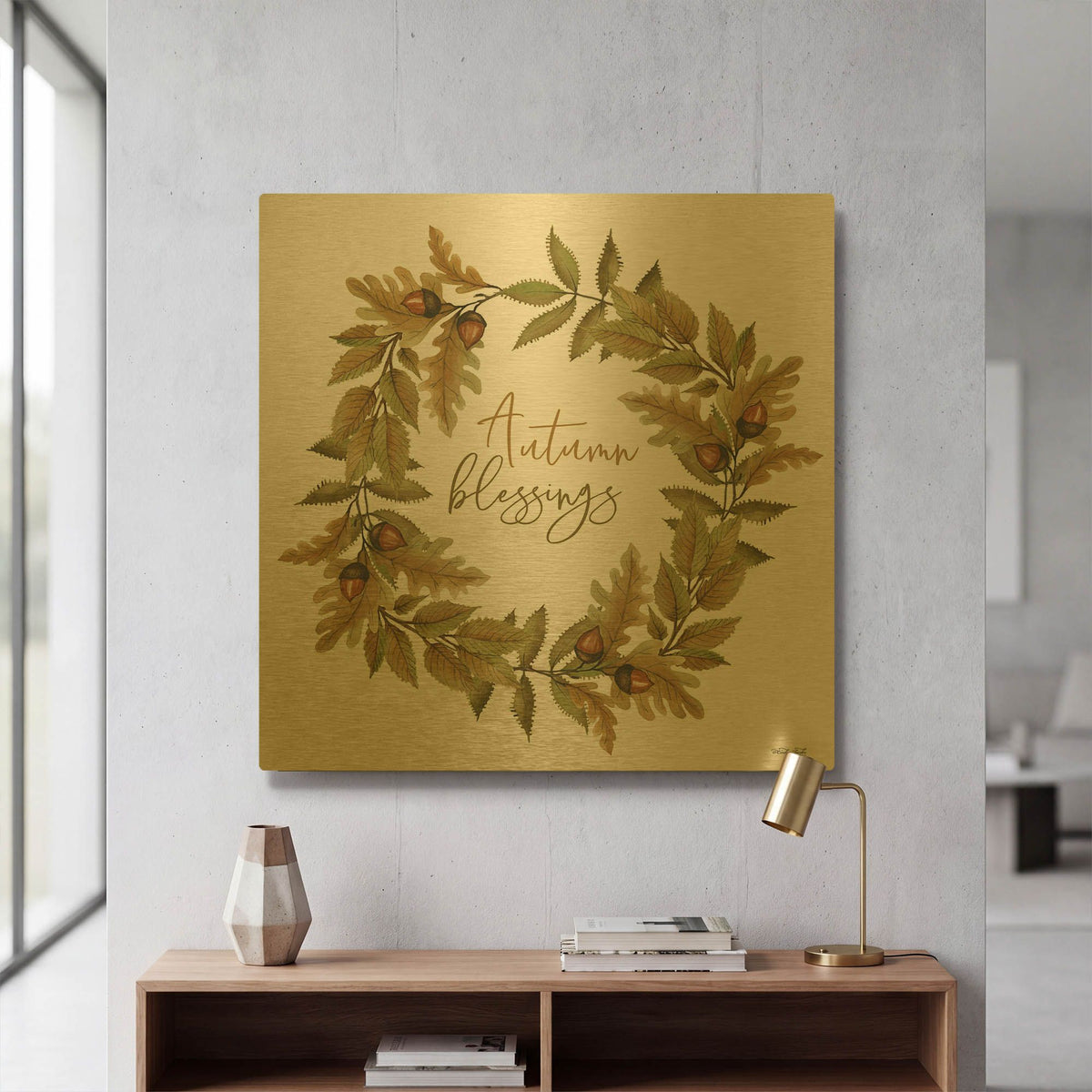 'Autumn Blessings Fall Wreath' By Cindy Jacobs Gold Metal Wall Art