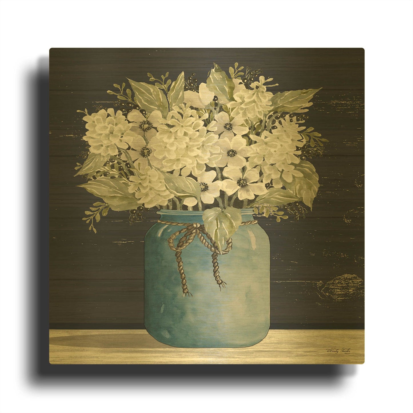 'White Flowers I' By Cindy Jacobs Gold Metal Wall Art