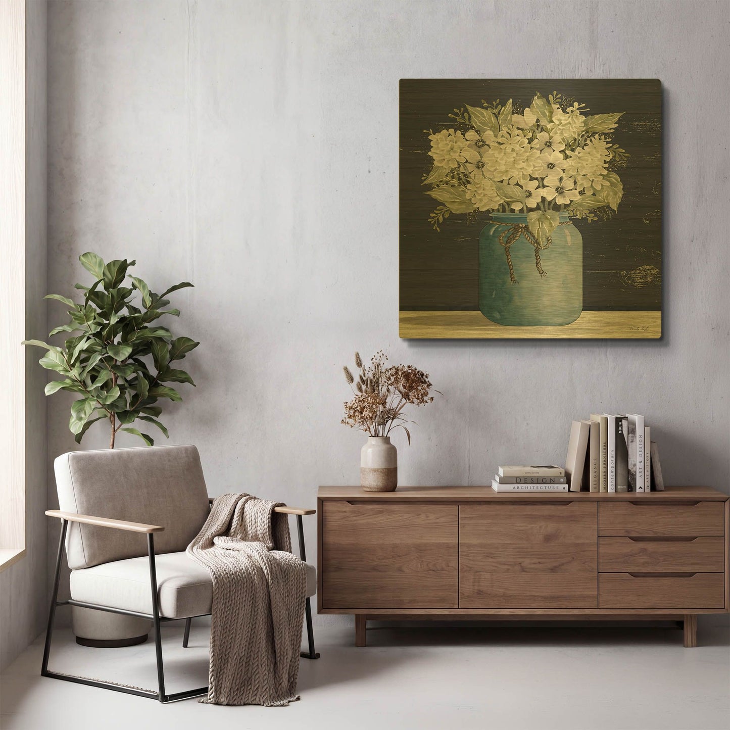 'White Flowers I' By Cindy Jacobs Gold Metal Wall Art