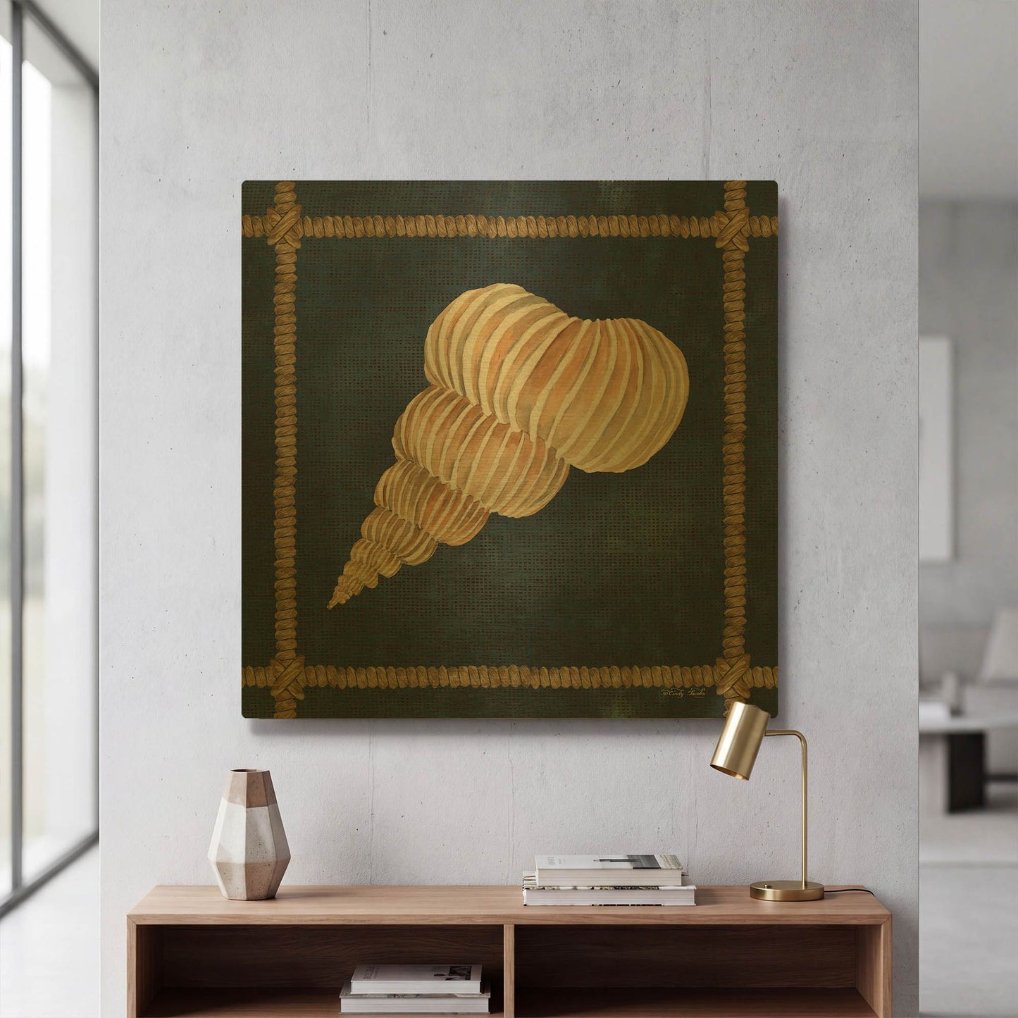 'Seashell on Navy III' By Cindy Jacobs Gold Metal Wall Art
