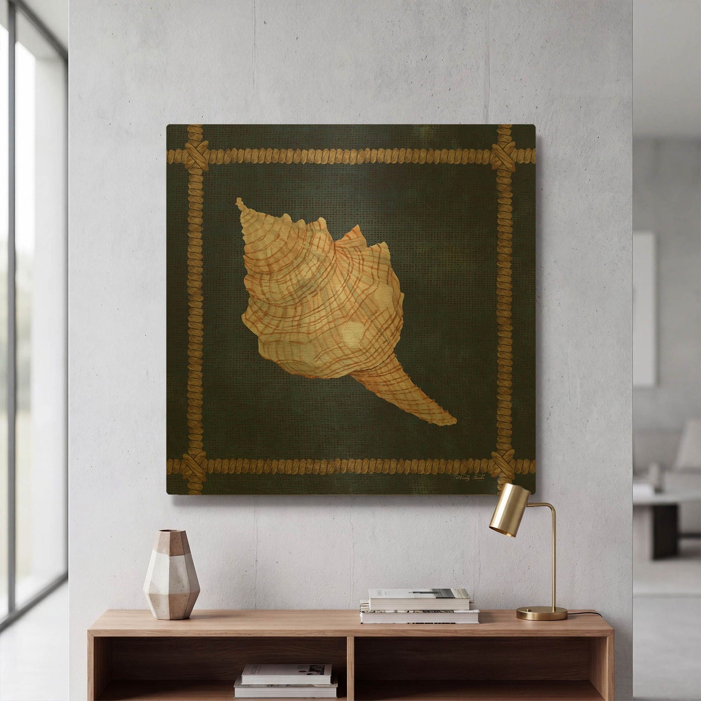 'Seashell on Navy IV' By Cindy Jacobs Gold Metal Wall Art