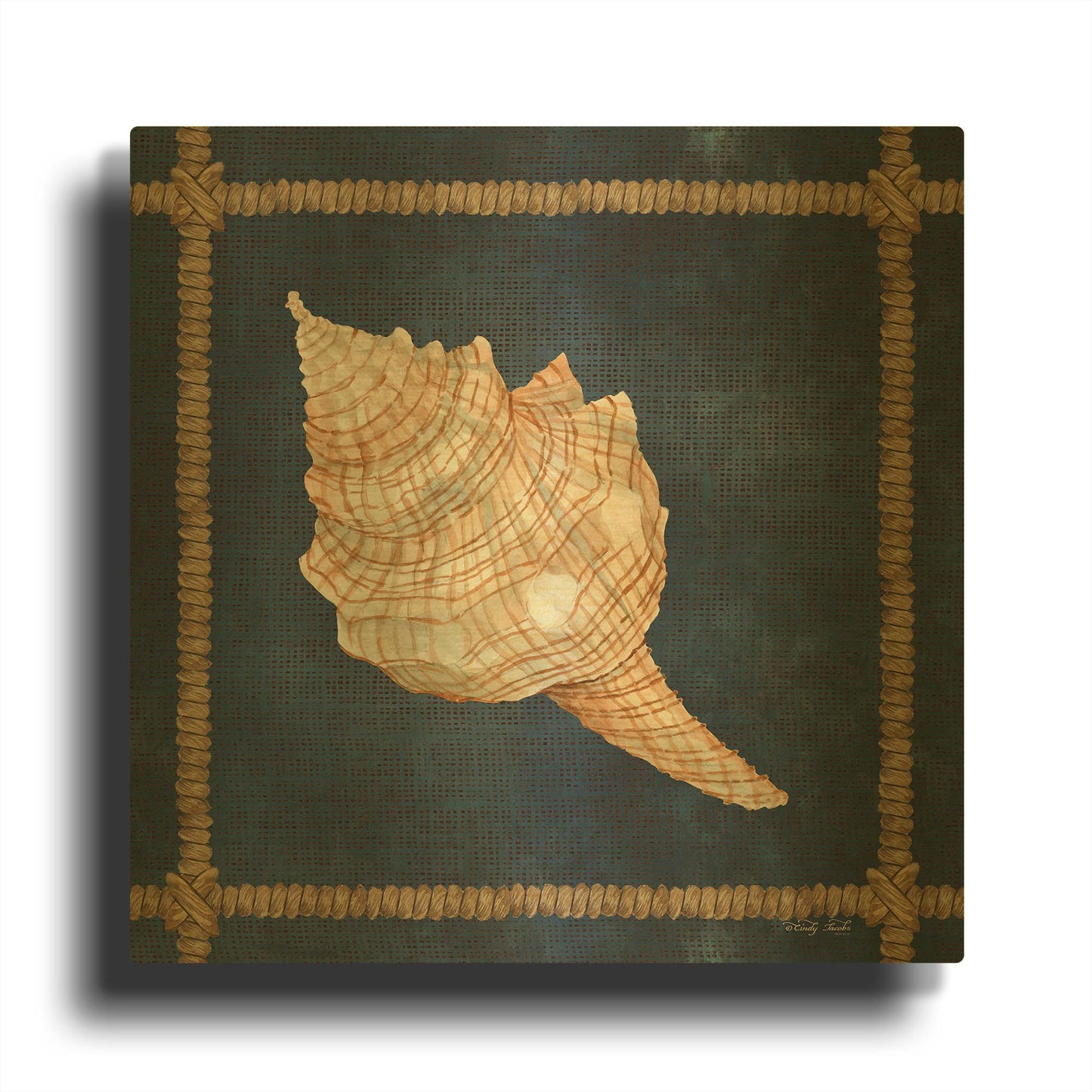 'Seashell on Navy IV' By Cindy Jacobs Gold Metal Wall Art