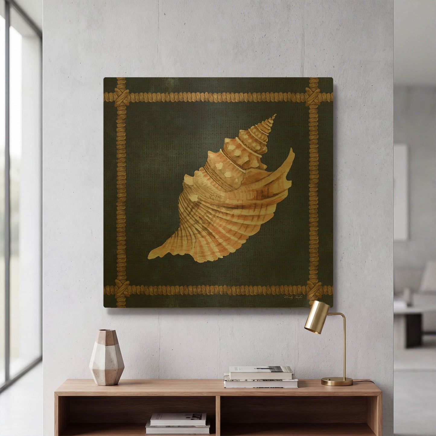 'Seashell on Navy V' By Cindy Jacobs Gold Metal Wall Art