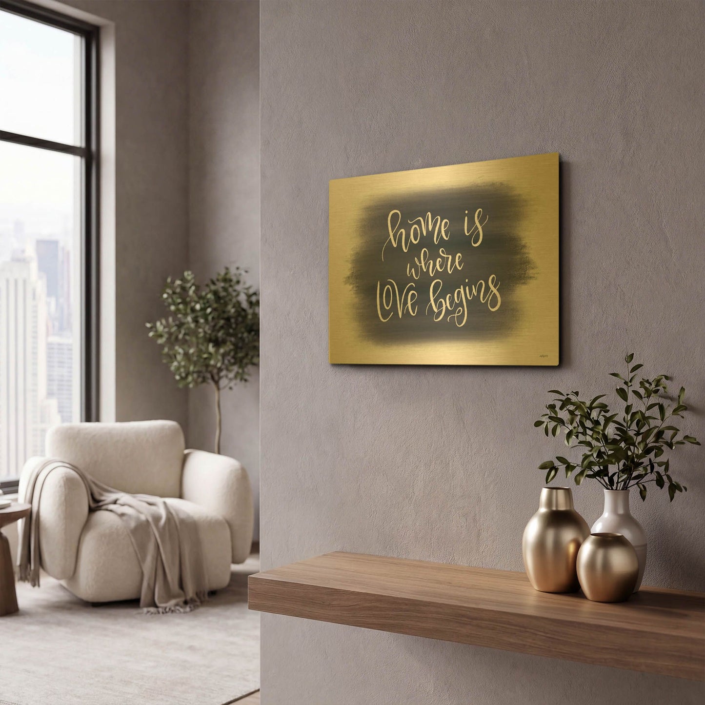 'Home is Where Love Begins' By Imperfect Dust Gold Metal Wall Art