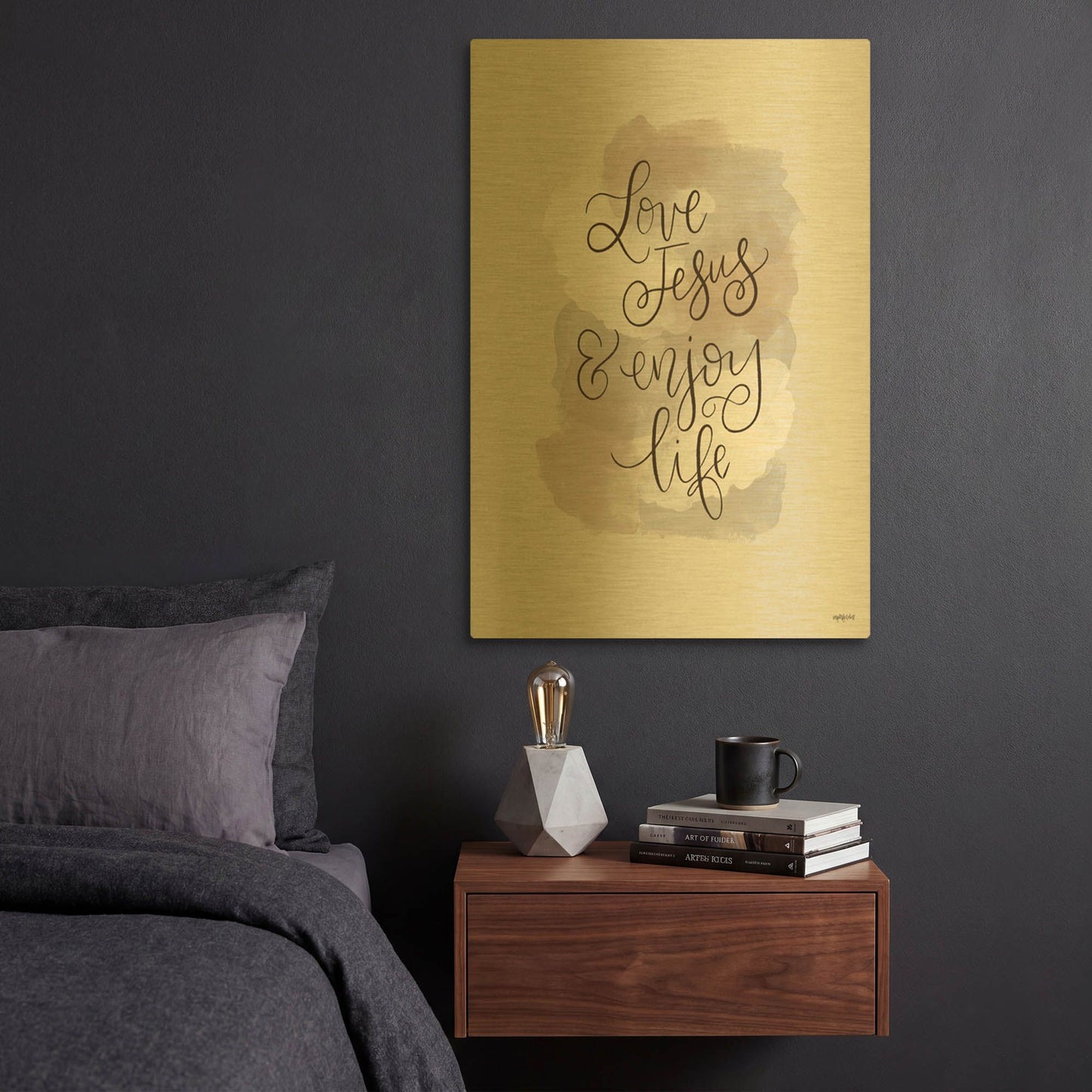 'Love Jesus and Enjoy Life' By Imperfect Dust Gold Metal Wall Art