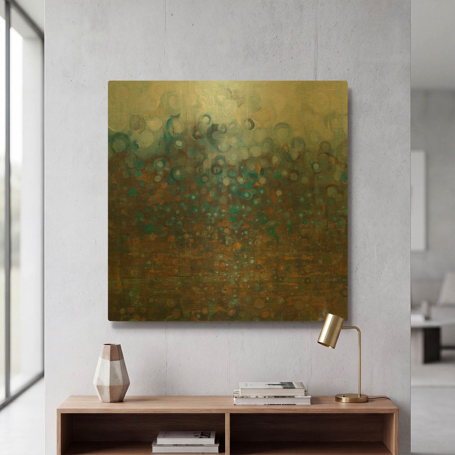 'Blue And Bronze Dots' By Danhui Nai Gold Metal Wall Art