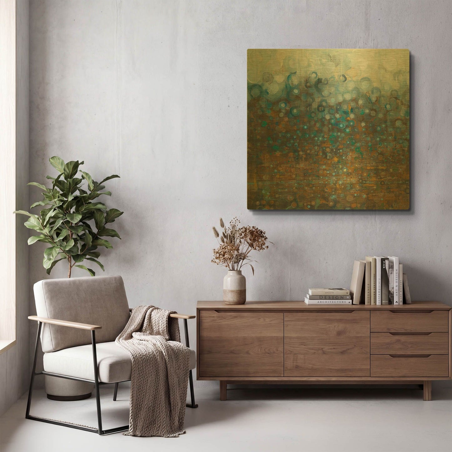'Blue And Bronze Dots' By Danhui Nai Gold Metal Wall Art