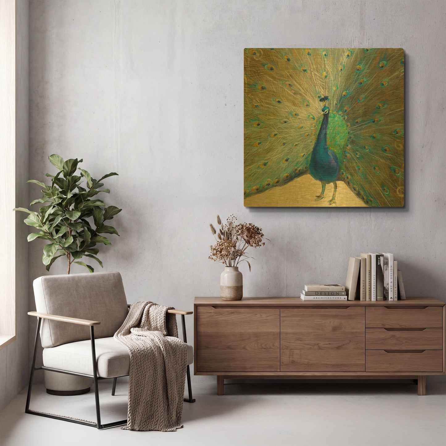 'Blue Peacock' By Danhui Nai Gold Metal Wall Art