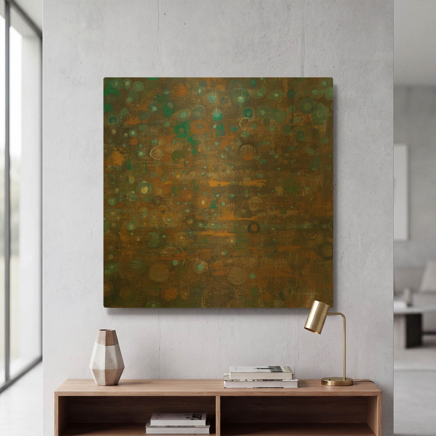 'Blue And Bronze Dots X' By Danhui Nai Gold Metal Wall Art