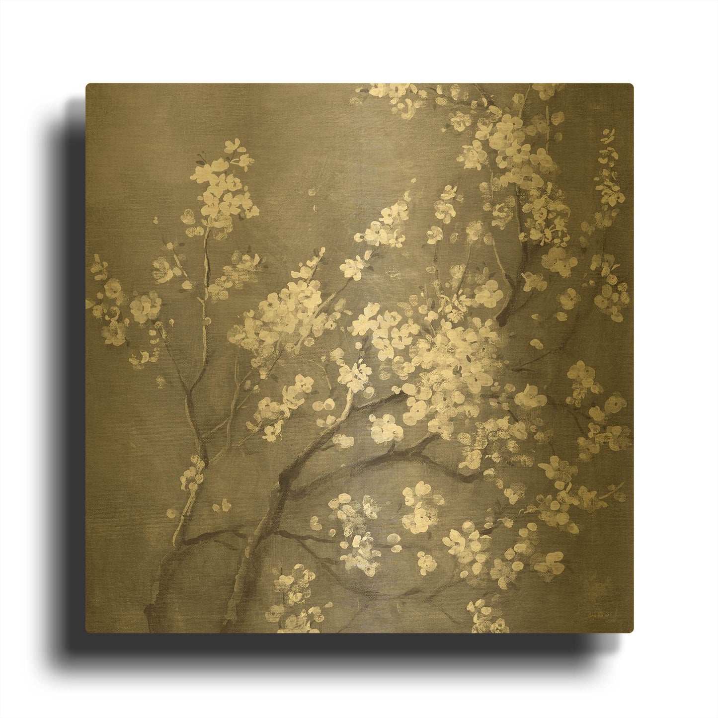 'White Cherry Blossom I on Grey' By Danhui Nai Gold Metal Wall Art