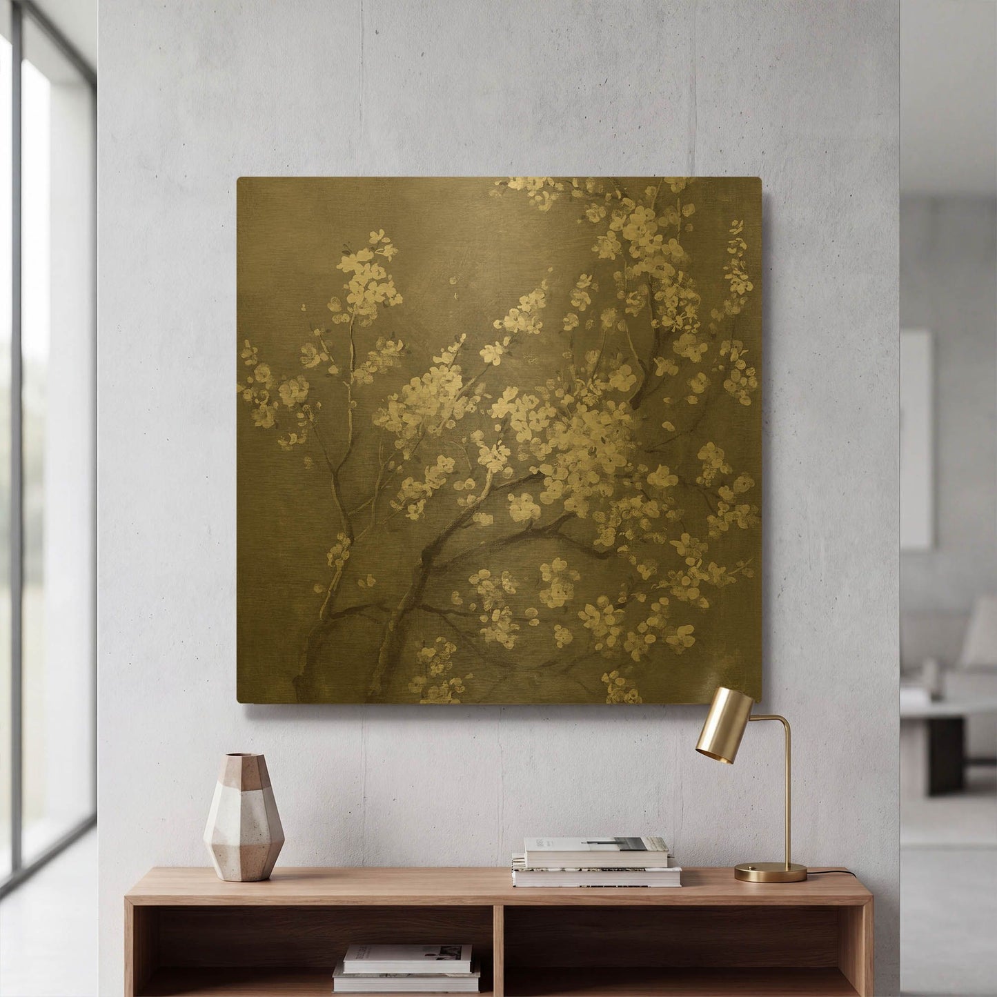 'White Cherry Blossom I on Grey' By Danhui Nai Gold Metal Wall Art