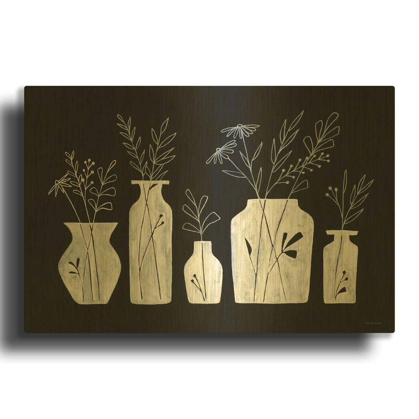'White Line Floral Vases' By Rachel Nieman Gold Metal Wall Art