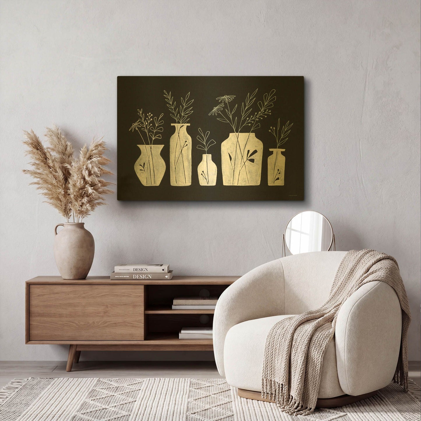 'White Line Floral Vases' By Rachel Nieman Gold Metal Wall Art