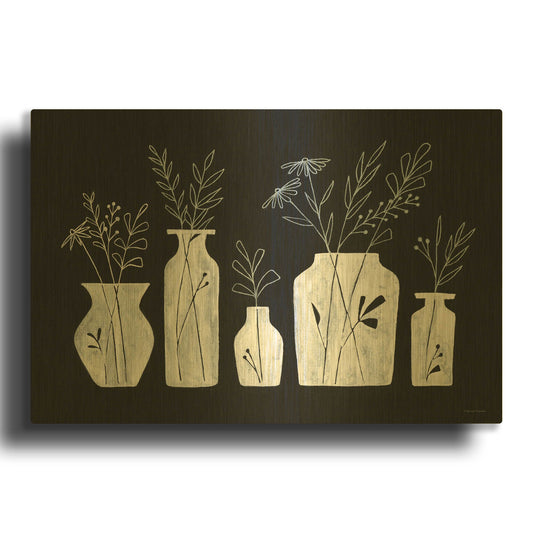 'White Line Floral Vases' By Rachel Nieman Gold Metal Wall Art