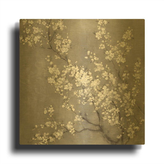 'White Cherry Blossom II on Grey' By Danhui Nai Gold Metal Wall Art