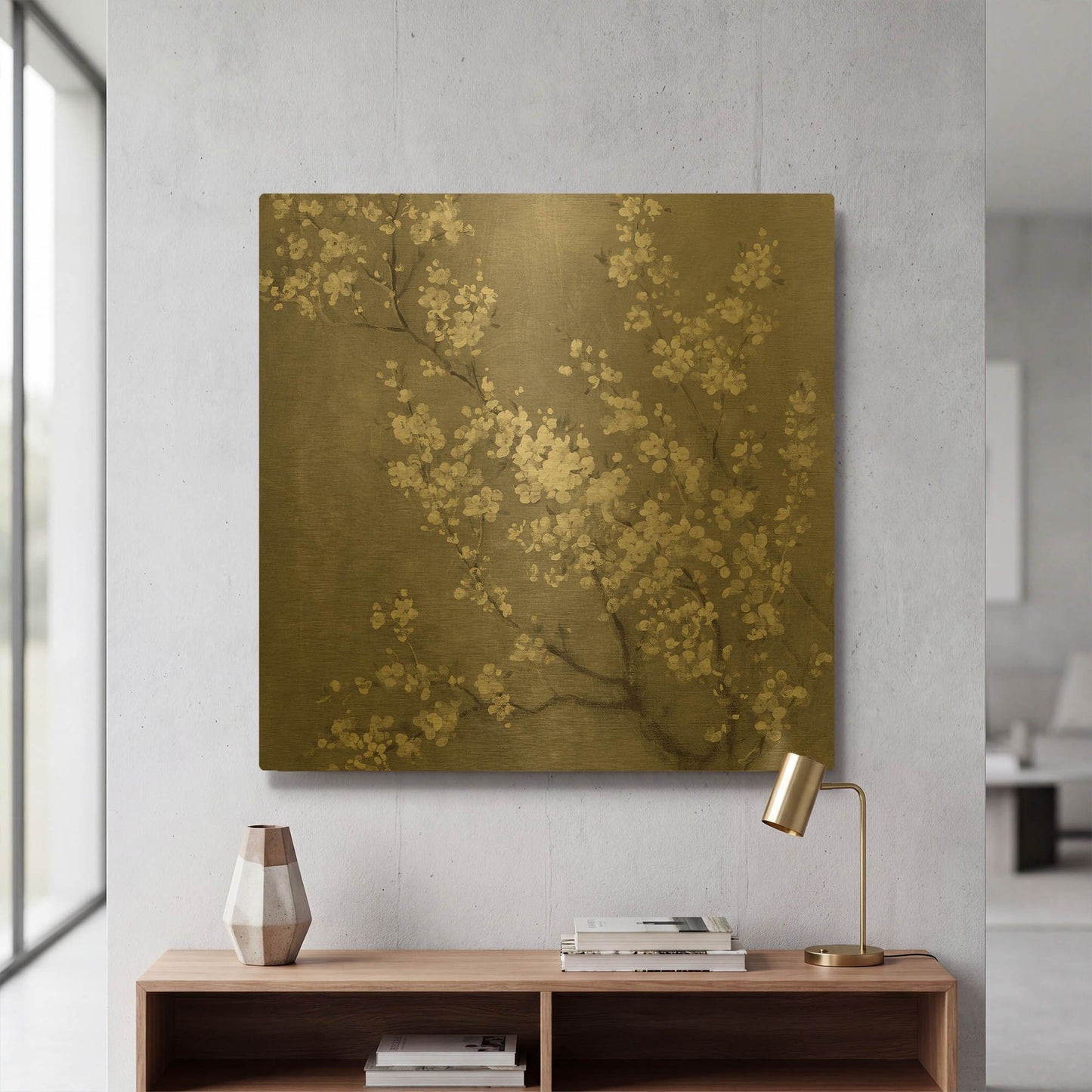 'White Cherry Blossom II on Grey' By Danhui Nai Gold Metal Wall Art