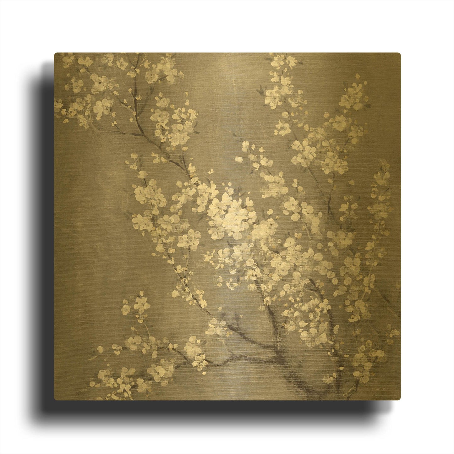 'White Cherry Blossom II on Grey' By Danhui Nai Gold Metal Wall Art