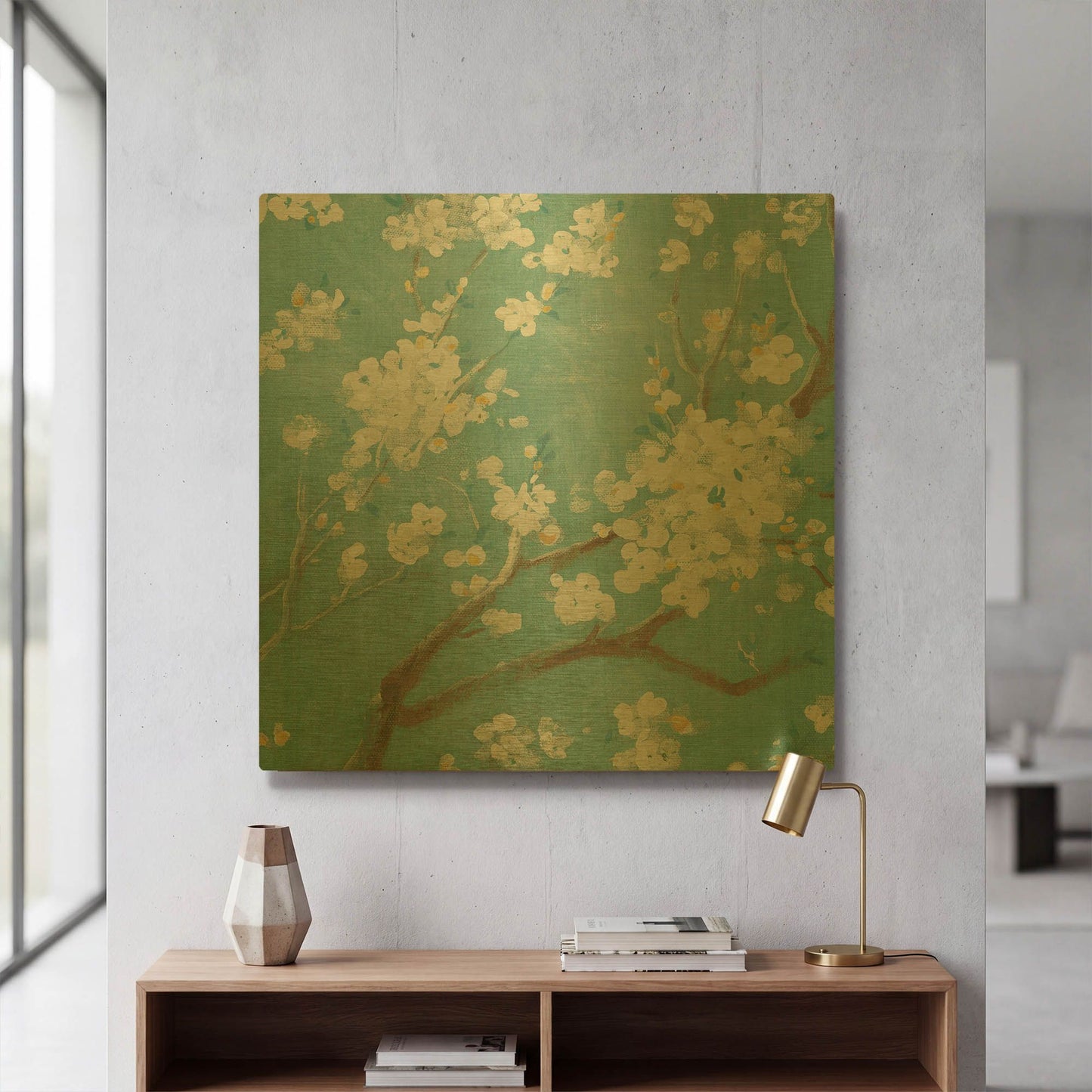 'White Cherry Blossom I on Blue' By Danhui Nai Gold Metal Wall Art
