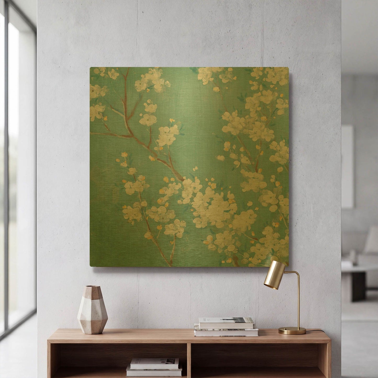 'White Cherry Blossom II on Blue' By Danhui Nai Gold Metal Wall Art