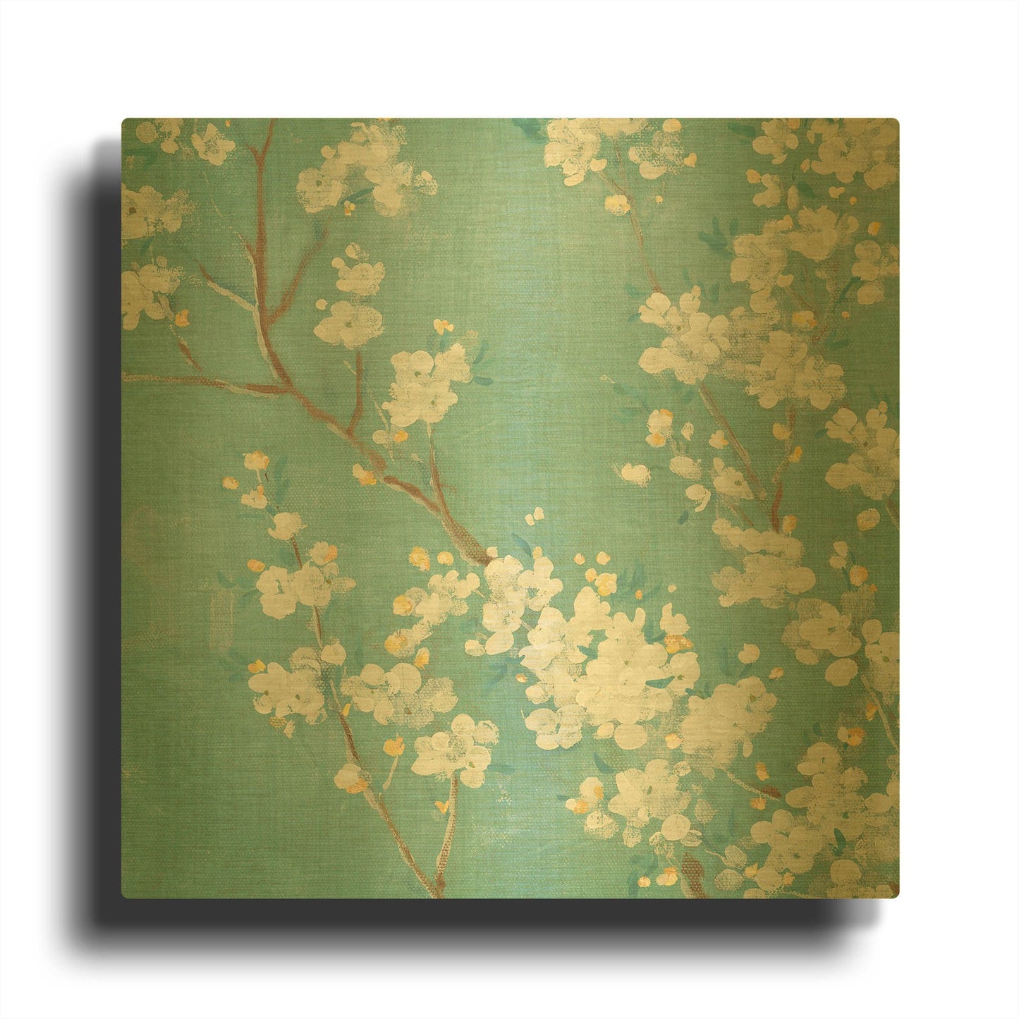 'White Cherry Blossom II on Blue' By Danhui Nai Gold Metal Wall Art