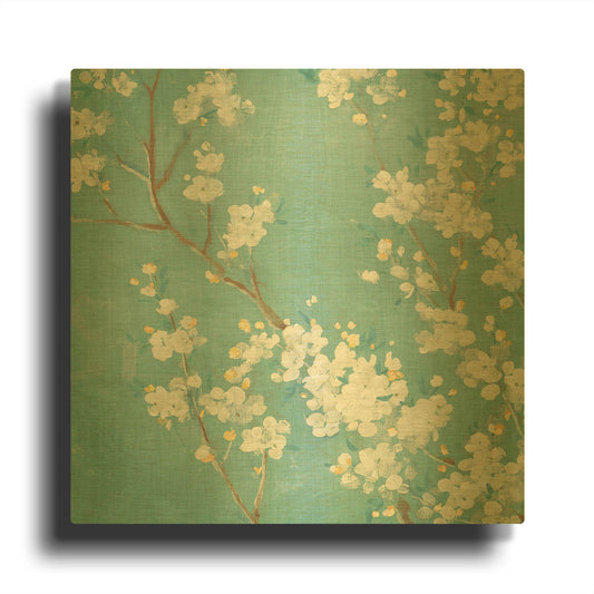 'White Cherry Blossom II on Blue' By Danhui Nai Gold Metal Wall Art