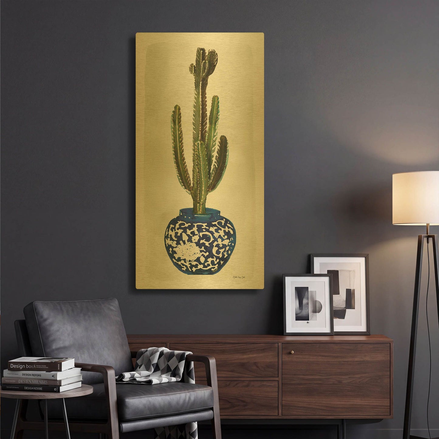 'Cacti in Blue Pot 2' By Stellar Design Studio Gold Metal Wall Art