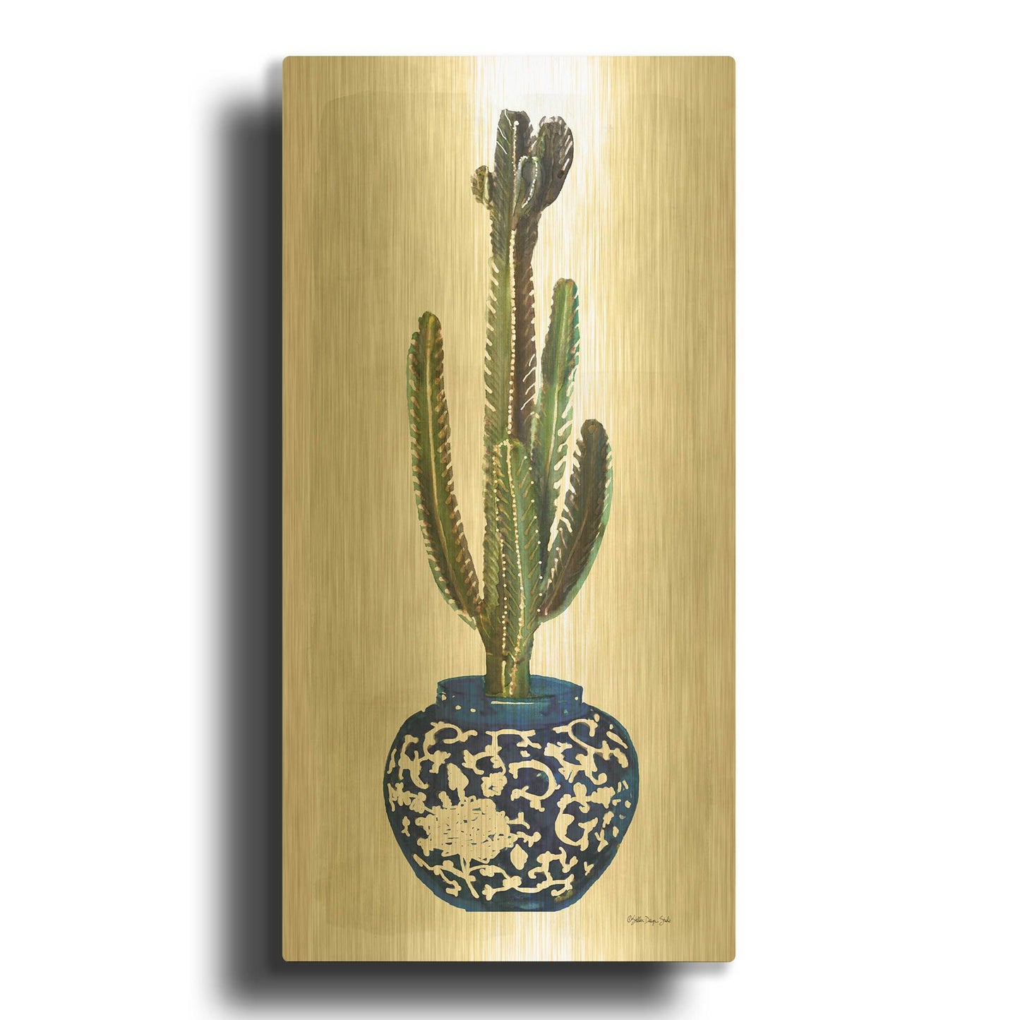 'Cacti in Blue Pot 2' By Stellar Design Studio Gold Metal Wall Art
