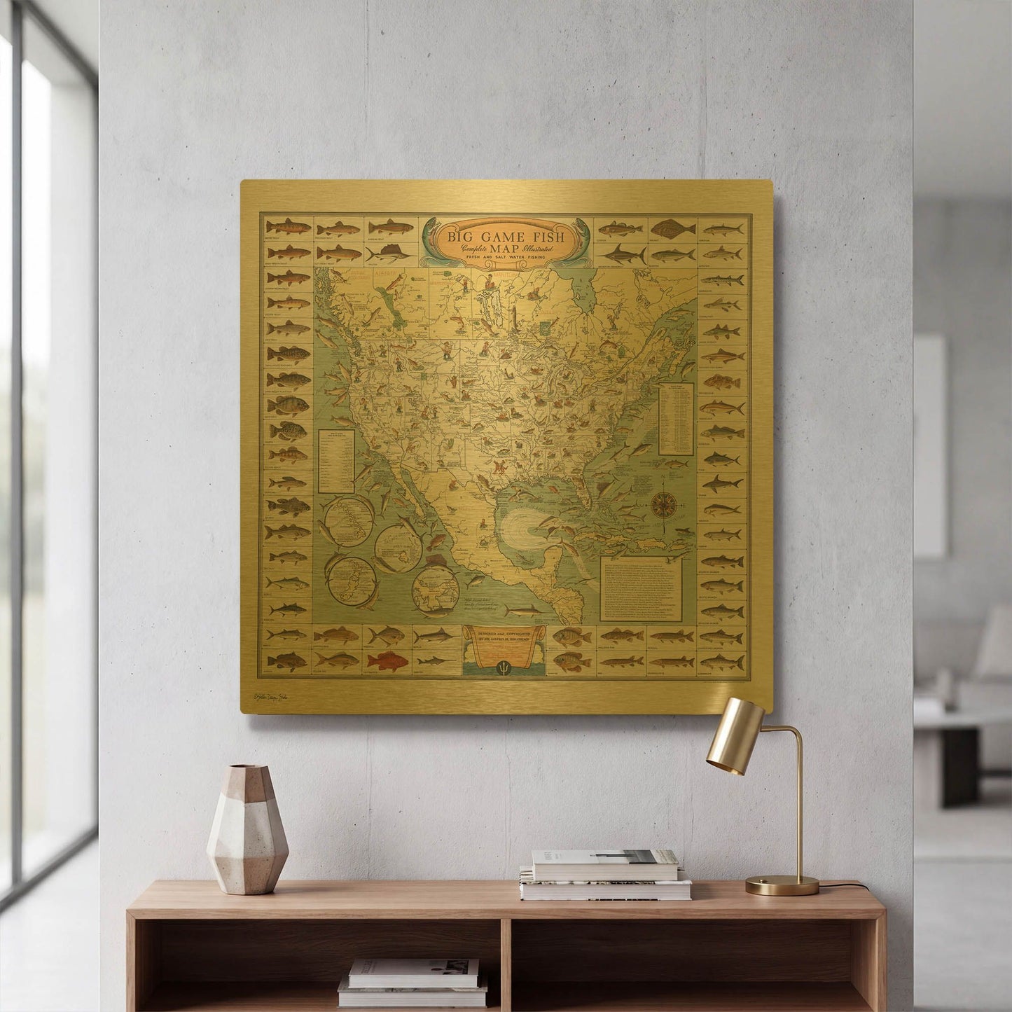 'Big Game Fish Map' By Stellar Design Studio Gold Metal Wall Art