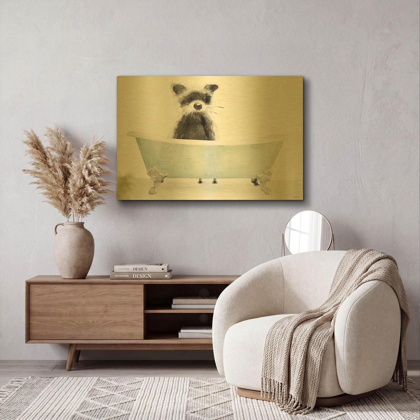 'Vintage Tub with Racoon' By Stellar Design Studio Gold Metal Wall Art