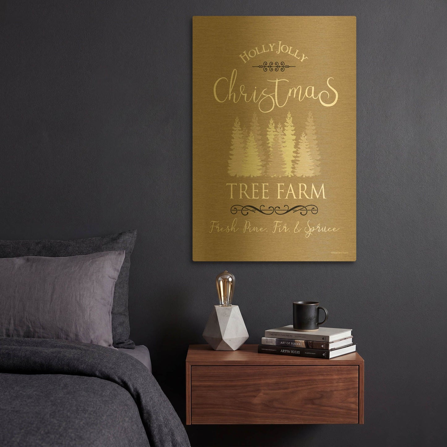 'Holly Jolly Christmas Tree Farm I' By Bluebird Barn Gold Metal Wall Art