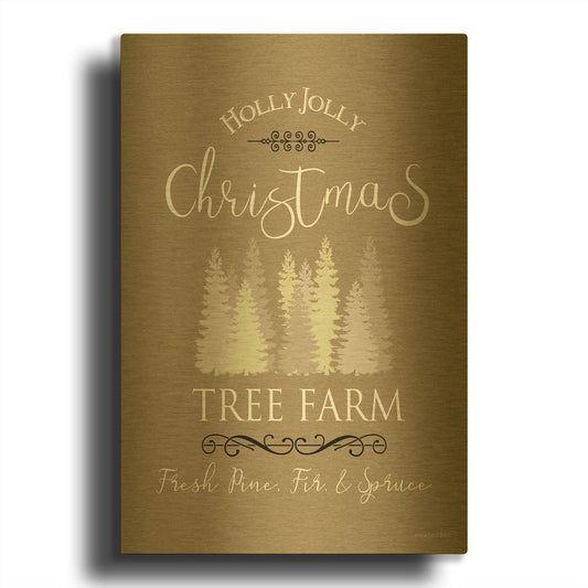 'Holly Jolly Christmas Tree Farm I' By Bluebird Barn Gold Metal Wall Art