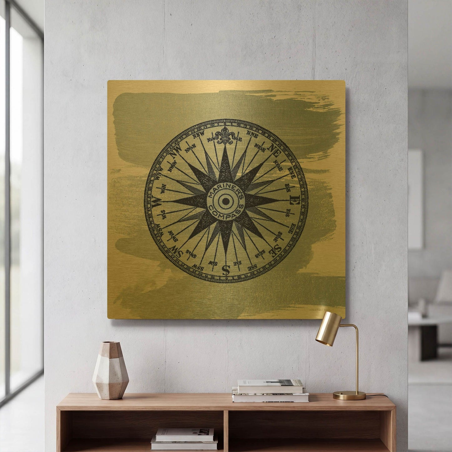 'Brushed Midnight Blue Compass Rose' By Bluebird Barn Gold Metal Wall Art