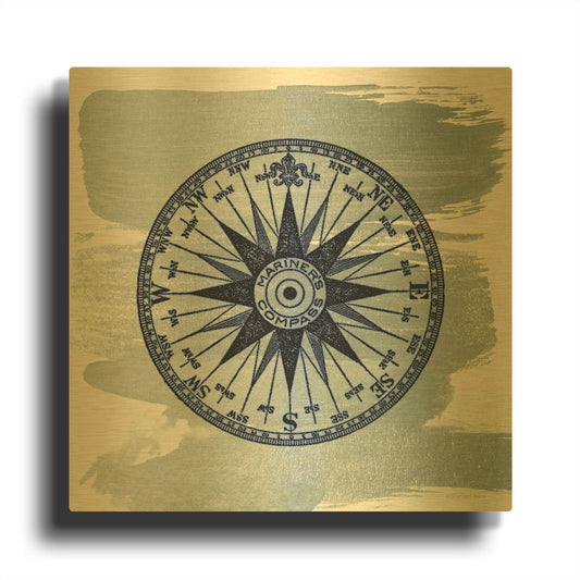'Brushed Midnight Blue Compass Rose' By Bluebird Barn Gold Metal Wall Art