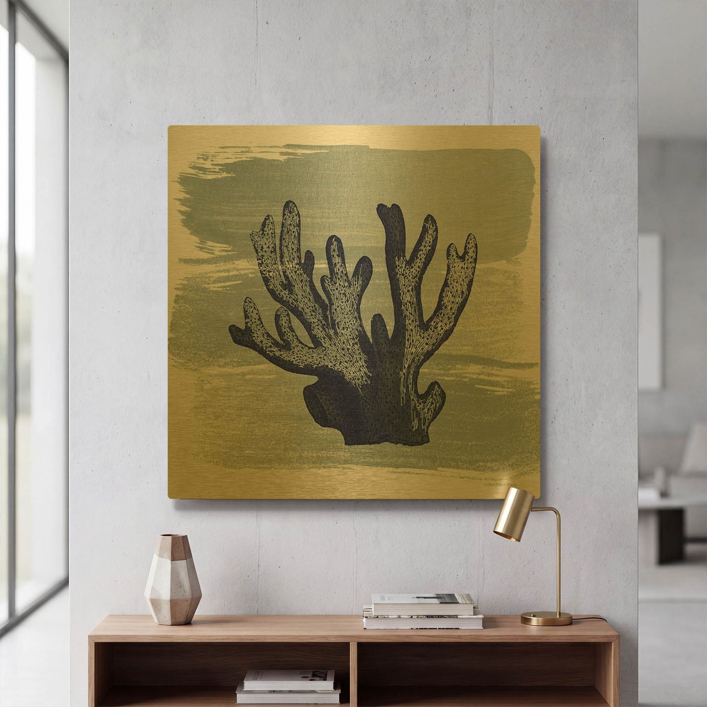 'Brushed Midnight Blue Elkhorn Coral' By Bluebird Barn Gold Metal Wall Art