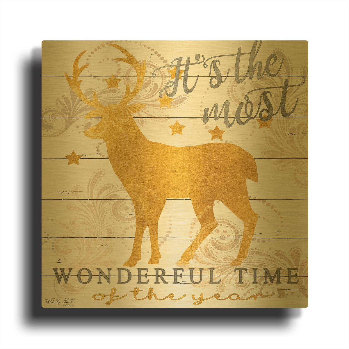 'It's the Most Wonderful Time Deer' By Cindy Jacobs Gold Metal Wall Art