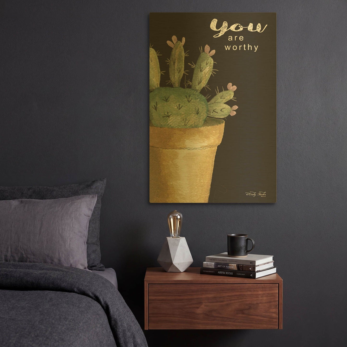 'You Are Worthy Cactus' By Cindy Jacobs Gold Metal Wall Art