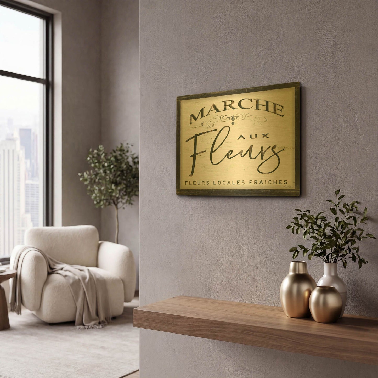 'Fleurs Sign I' By Cindy Jacobs Gold Metal Wall Art