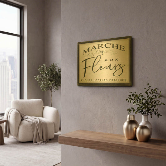 'Fleurs Sign I' By Cindy Jacobs Gold Metal Wall Art